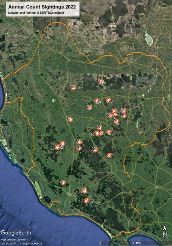 South Eastern Red-tailed Black-Cockatoo count map 2022 Source: RTBC Recovery project