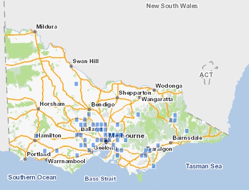 Distribution of Matted Flax-lily in Victoria. Source: Victorian Biodiversity Atlas 2015. Department of Environment, Land, Water & Planning.