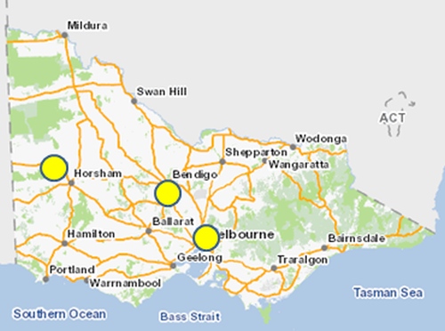 The Eltham Copper Butterfly is only known from three general localities in Victoria. Source: Adapted from VBA 2015