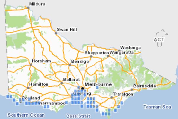 Distribution of Orange-bellied Parrot records in Victoria.  Source: DELWP 2021diversity Atlas, July 2014.